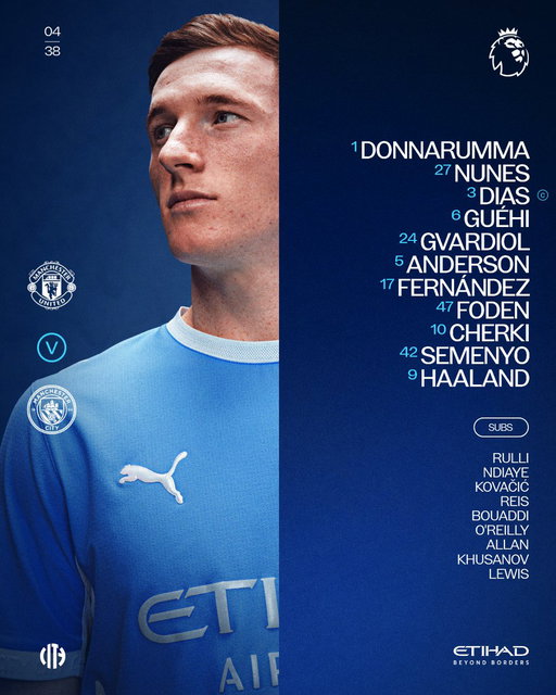 Your Manchester derby line-up! ​​💪🩵

XI | Donnarumma, Nunes, Dias (C), Guéhi, Gvardiol, Anderson, Fernández, Foden, Cherki, Semenyo, Haaland

SUBS | Rulli, Ndiaye, Kovačić, Reis, Bouaddi, O'Reilly, Allan, Khusanov, Lewis

🤝 @etihad 