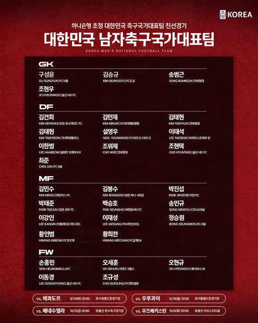 하나은행 초청 축구국가대표팀 친선경기에 참가하는 🇰🇷대한민국 축구국가대표팀의 명단을 공개합니다!

#대한민국 #축구국가대표팀 #A매치 