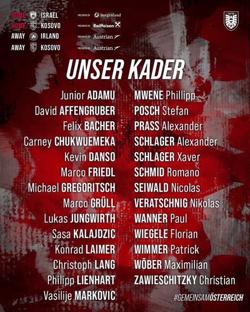 👀❗️ Unser Kader für September/Oktober in der UEFA Nations League! #GemeinsamÖSTERREICH 

Weitere Infos: 🔗 https://bit.ly/KaderISRKOSIRL 