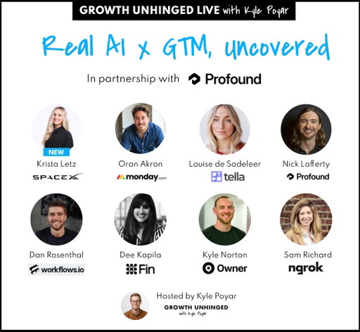 One week until my first-ever event, Growth Unhinged Live. Here's who is joining us 👀

I'm excited to announce the final speaker, @kristaletz from @SpaceXAI.

She'll cover how she uses @bot for GTM -- you won't want to miss it. 