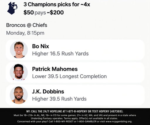 MNF picks. Longshot included. We had a massive day yesterday. Can we follow up with a strong monday night? 
Use code ZIRK and get up to $1000 in bonus funds and the Keep Your Million Bonus!
https://play.underdogsports.com/vgwg/p-zirk
#UDpartner 