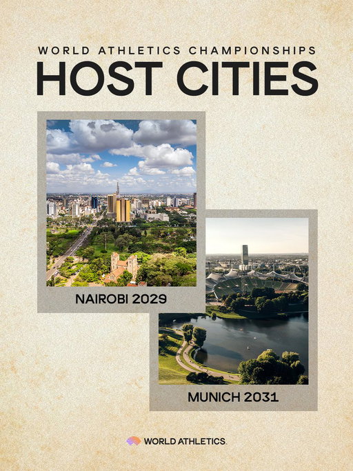 Meet our next host cities for the World Championships ‼️

Nairobi and Munich have been selected to host the 2029 and 2031 World Athletics Championships, respectively, following one of the strongest bidding processes in the history of the sport’s flagship event.

Read more in the press release 🔗 https://t.co/ajpS5RwASO

#WorldAthleticsChamps