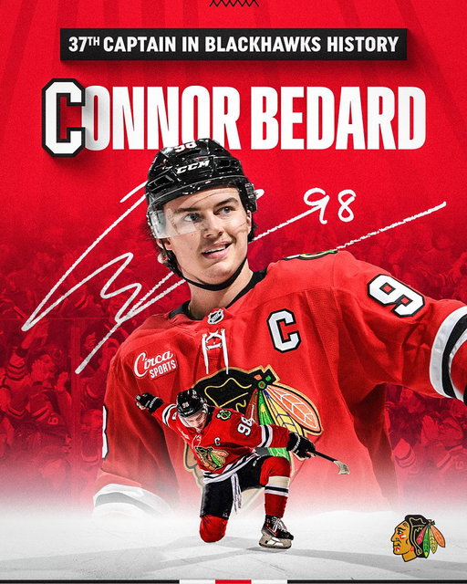 a new letter on the chest, a new chapter ahead ❤️

introducing the 37th 𝐂𝐚𝐩𝐭𝐚𝐢𝐧 of the Chicago Blackhawks, 𝐂onnor Bedard! 