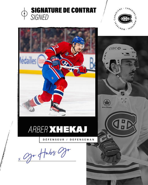 Les Canadiens s'entendent sur les termes d'un contrat d'une saison (2026-2027) avec le défenseur Arber Xhekaj.

The Canadiens have agreed to terms on a one-year contract (2026-27) with defenseman Arber Xhekaj.

#GoHabsGo 