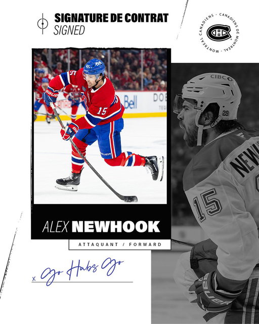 Les Canadiens s'entendent sur les termes d'un contrat de quatre saisons (2027-2028 à 2030-2031) avec l'attaquant Alex Newhook.

The Canadiens have agreed to terms on a four-year contract (2027-28 to 2030-31) with forward Alex Newhook.

#GoHabsGo 