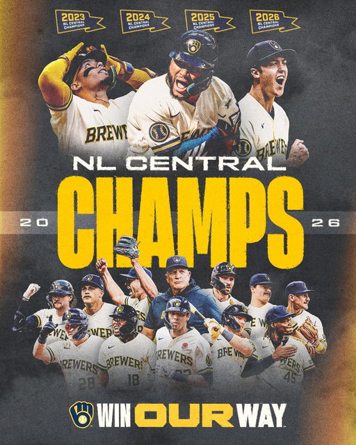 THE BREWERS ARE NL CENTRAL CHAMPS FOR THE FOURTH STRAIGHT YEAR 
