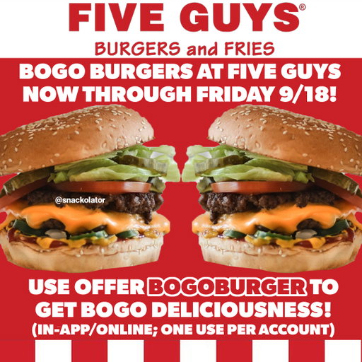 Five Guys just dropped a rare BOGO offer for National Cheeseburger Day and you can get it NOW!

Starting today through Friday you can get buy one, get one free burgers at @FiveGuys - just add offer BOGOBURGER in the promo box during checkout either in the app or their site.

You can use it once per account through Friday the 18th.

Are you grabbing BOGO goodness at Five Guys this week?

#fastfood #fiveguys #bogo #cheapeats #fooddeals