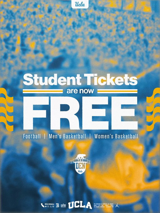 📣 FREE TICKETS FOR @UCLA STUDENTS 🐻

That’s right – your ticket to the game will cost nothing. Your support of our athletics programs means the world to us, and we can’t wait to see a packed Den all season long!

➡️: https://uclabruins.com/theden
ℹ️: https://ucla.in/4y09HCw 