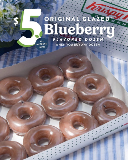 🚨 BLUEBERRY IS BACK! 🚨

The Original Glazed Blueberry Flavored doughnut has officially made its comeback! 🫐

This limited-time doughnut flavor is here for the weekend only, so stock up while you can and score a $5 dozen when you buy any dozen 🍩⏳ 