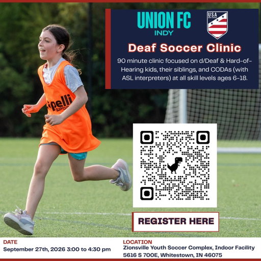 Deaf Soccer is proud to partner with Union FC Indy to host a Deaf Soccer Clinic! ⚽️

📅 September 27 | 3–4:30 PM
📍 Whitestown, IN

Open to d/Deaf and Hard-of-Hearing youth, siblings, and CODAs ages 6–18. All skill levels are welcome.

🔗 Register through the link in our bio. 