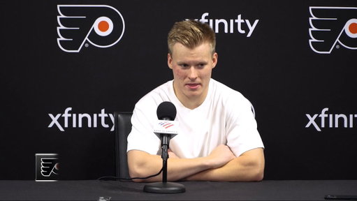 Forward Matvei Michkov met with the media from Training Camp at @FlyersTCenter. 