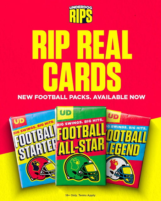 🚨NEW PACKS DROP 🚨

Our first sport-specific packs are here! $5, $25, $100 and $1,000 Football only packs are NOW LIVE on Underdog RIPS 