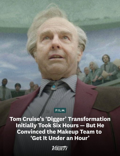 Tom Cruise says it originally took six hours for the “Digger” hair and makeup team to apply his Digger Rockwell prosthetics, but he quickly made the process “more efficient” by showing up with a chalkboard and timing how long it took to put each prosthetic on:

“I had a guy there with a stopwatch and I’m like, ‘OK, you see that time, six hours? By the time we’re done, we’re going to get it under an hour.’ They were like, ‘No, I’m not doing that, it will never happen.’ I’m like, ‘OK, first of all, if you say no, you can’t do it, you will never get there. So can we agree that we’ll maybe make it a little less?’ So with each piece that was going on, it was timed and then we’d drill and practice.”

It worked, and they eventually got his makeup and prosthetics routine down to under an hour: “They were like, ‘What?!’ And they didn’t even know it, and they didn’t even rush. I like going into a system, studying it and trying to figure out how I can do it better, more efficient. The films that I make, I’m constantly going, how can I do it better?”

https://t.co/MwB1O853Nu