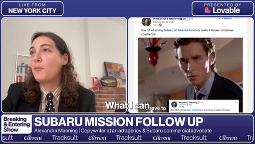 Ali Manning, copywriter, asked Subaru to let her make them a lesbian Christmas commercial for 35 days straight, and she revealed their response on today's live show.

“I've heard from Subaru. I haven't heard personally directly from Subaru but through a source that was very helpful in attaining their response.”

“When the first post went really well, I was like, I've got to commit to the bit.”