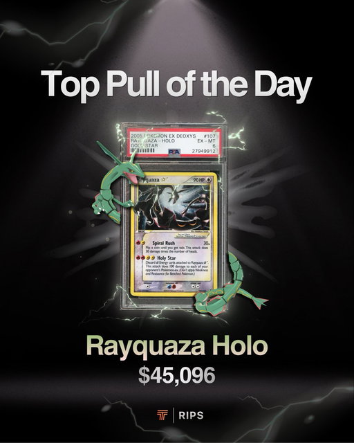 Rayquaza Holo, 2005 EX Deoxys, PSA 6 valued at $45,096 was pulled from a $2,500 Diamond Pack Today! 👀 The card just left the warehouse and is headed to its new owner! 
