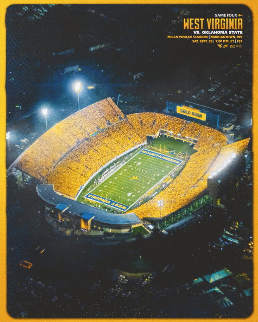 Game 4️⃣

🟡 𝙂𝙊𝙇𝘿 𝙍𝙐𝙎𝙃
🆚 Oklahoma State   
🏟️ Milan Puskar Stadium
⏰ 7 PM
📺 FS1
🎟️ https://bit.ly/26fbokstatetix 