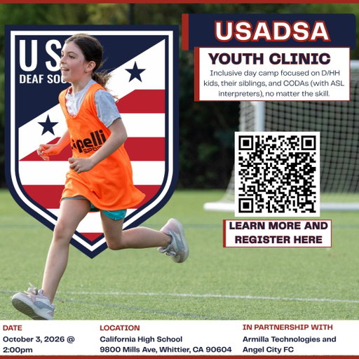 USADSA Youth Clinic in LA! ⚽

Inclusive day camp for d/Deaf &amp; Hard of Hearing kids, siblings &amp; CODAs - ASL interpreters on site, all skill levels welcome.

📍 Whittier, CA | 📅 Oct 3, 2:00 PM
🤝 Armilla Technologies &amp; Angel City FC

Link in bio to register!
#USADSA #DeafSoccer 