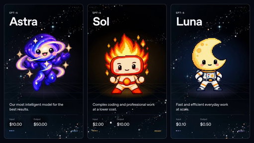 Please welcome GPT-6 Sol and GPT-6 Luna to the GPT-6 universe.

GPT-6 Sol and Luna build on the advances behind GPT-6 Astra, bringing much of its strengths into faster and more affordable models to support work at scale.

We’ve also made caching and inference more efficient, and we’re passing the savings directly to you: 50% lower API prices for Sol and Luna compared with GPT‑5.6 promotional pricing.