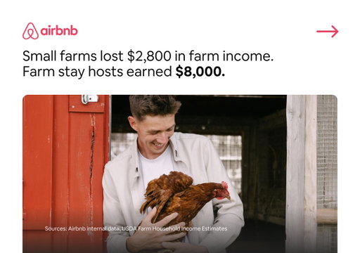 In 2024, the median small farm lost roughly ~$2,800.
Last year, the typical farm stay host on Airbnb earned ~$8,000.

That gap is why we're partnering with American Farmland Trust to offer farmers up to $10,000 to start or expand a farm stay.

https://www.foxnews.com/travel/farmers-offering-on-site-vacation-rentals-combat-rising-costs 