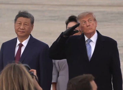 JUST IN: President Trump greets Chinese President Xi Jinping at Joint Base Andrews as a B-1B Lancer bomber flies overhead during the national anthem. 