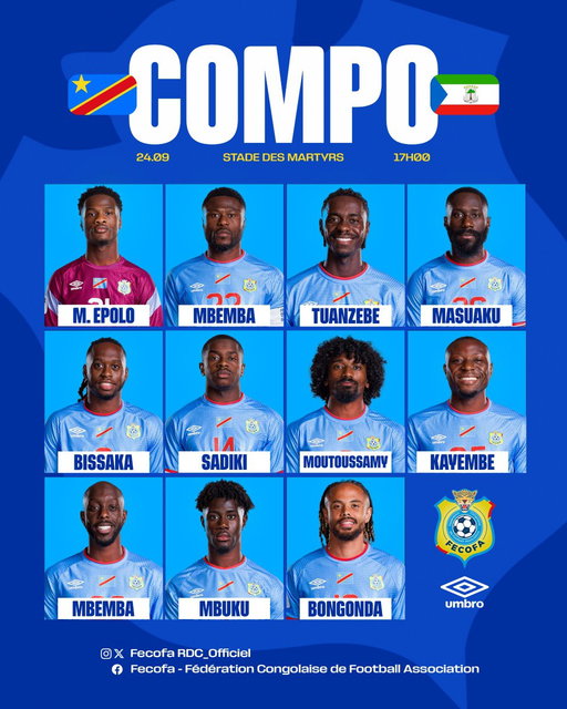 🇨🇩🐆 LE XI DE DÉPART 

Les onze Léopards qui débuteront face à la Guinée Équatoriale. 

#AllezYLesLéopards #BendeleEkweyaTe #Team243 #RoadToCAN2027 #RDCGUIEQ 