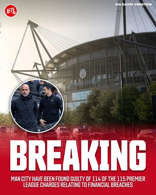🚨𝐁𝐑𝐄𝐀𝐊𝐈𝐍𝐆: Manchester City have reportedly been found guilty of 114 of the 115 Premier League charges relating to financial breaches.

Sanctions have yet to be decided, with fines, points deductions and even expulsion from the Premier League among the potential punishments. Man City are expected to appeal. 👀