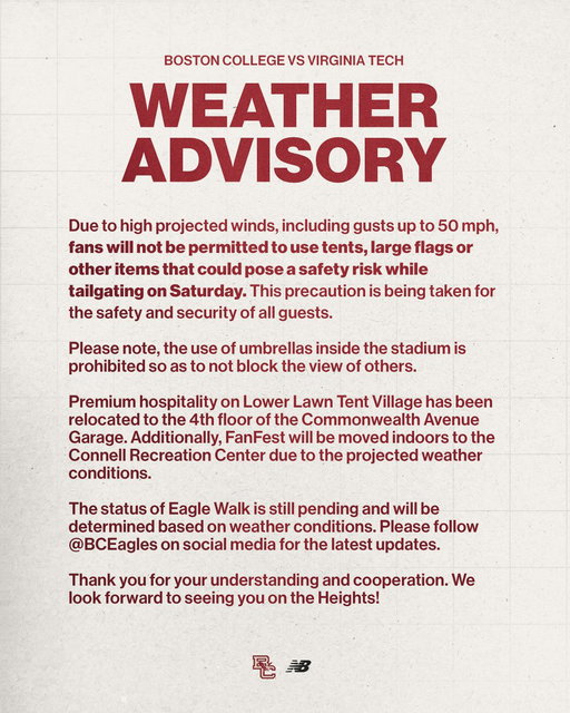 Heading to tomorrow's @BCFootball game?

Check the graphics below for a weather advisory, gameday timeline, FanFest updates, and more. 