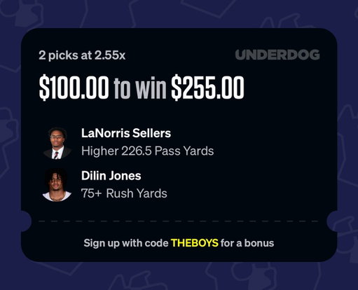 Coming in hot with a sneaky night play for you guys 🫣

2 picks at ~2.55x
- LaNorris Sellers Higher 226.5 Pass Yards
- Dilin Jones 75+ Rush Yards

Considering Bama has a top 5 rushing defence, I expect Sellers to be slinging the pigskin tonight. Buddy is lowkey nasty too, time to show the world he's a dawg. Dilin Jones is averaging 95 yards/game on the ground this season. Texas A&M gives up on avg 100+ rushing yards/game. Lane Kiffin will be on this guys ass if he doesn't smash the line.

$100 to win ~ $255

Sign up with code "THEBOYS" for a 50% deposit match up to $1000 🫡
https://play.underdogsports.com/vgwg/p-theboys