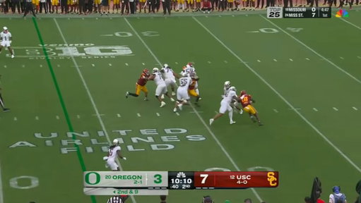 A scary moment as Oregon QB Dante Moore is knocked out by a USC defender.  