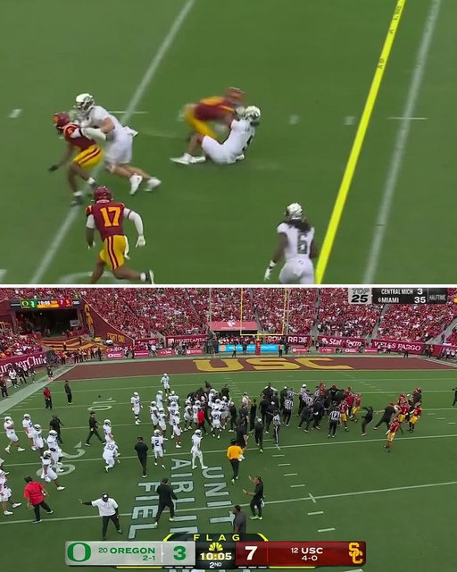 Dante Moore had to be carted off the field after this hit.

Both teams had to be separated following the play. 