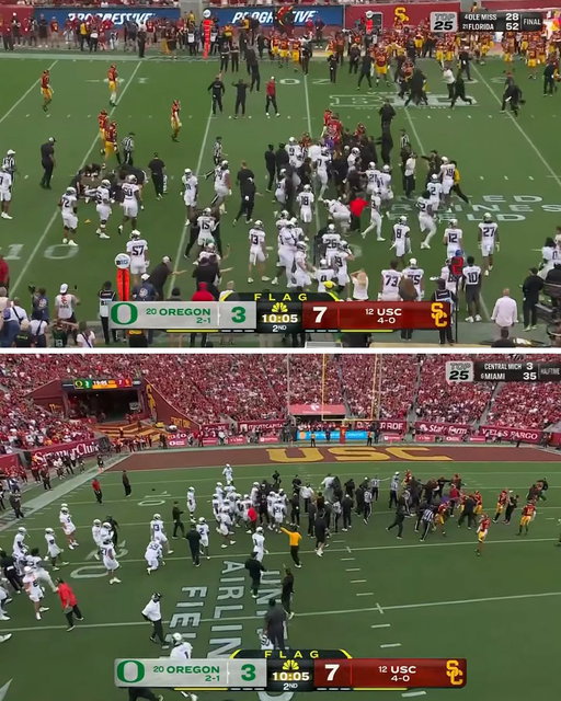 Every player for both Oregon and USC was assessed an unsportsmanlike conduct penalty in the aftermath of Desman Stephens' hit on Dante Moore, which was ruled targeting.

Any player who receives a second such penalty will automatically be disqualified from the game. 
