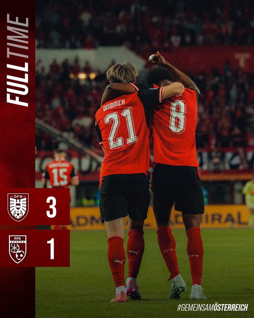 Ein 3:1-Sieg in Wien! 🙌🏽

Zum Spielbericht: https://bit.ly/MatchAUTKOS 📃
__________
FT | 🇦🇹 3:1 🇽🇰 | #GemeinsamÖSTERREICH #AUTKOS 