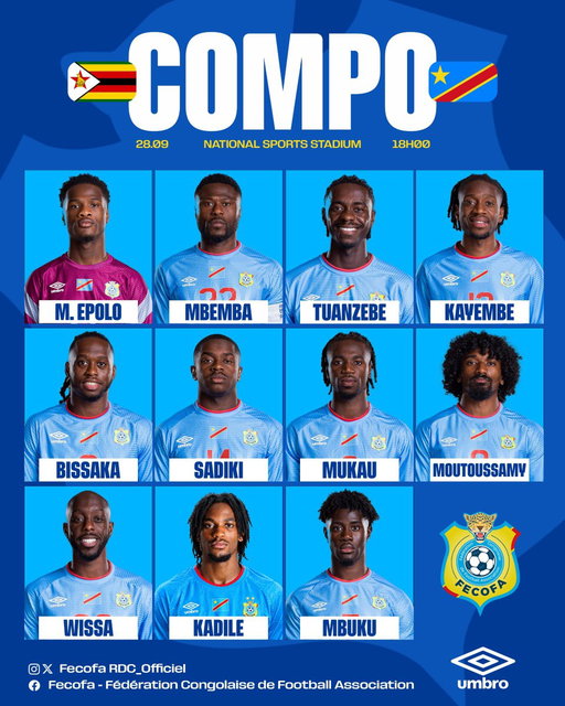 🇨🇩🐆 STARTING XI

Les onze Léopards qui débuteront face au Zimbabwe.

🔥 Tous derrière eux !

#AllezYLesLéopards #BendeleEkweyaTe #Team243 #FecofaRdc #RoadToCAN2027 