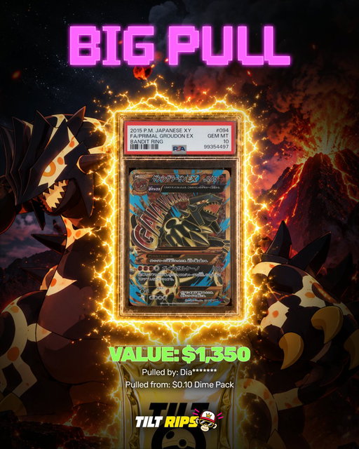 Someone pulled the PSA 10 Primal Groudon ex valued at $1,350 from a $0.10 Pokémon Dime Pack! 🔥

This pull sets a new all-time high multiplier on Tilt Rips: 13,500x! 