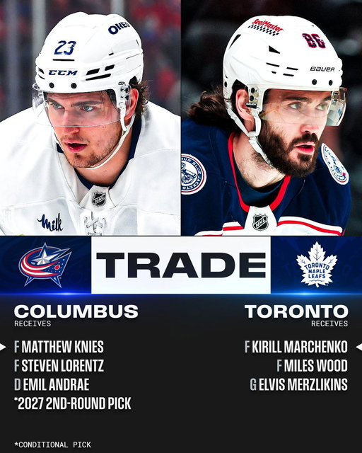 We've got a BIG trade! 👀

The @BlueJacketsNHL and @MapleLeafs have struck a deal, with Matthew Knies and Kirill Marchenko among the players involved. 