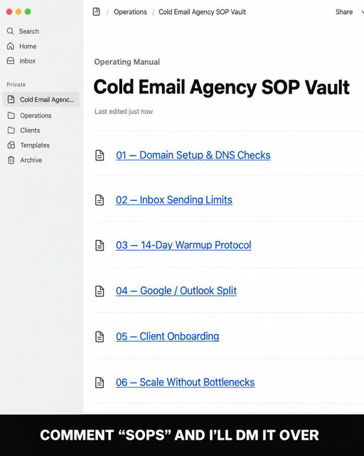every part of my $170k a month cold email agency ran off a written SOP. 

i’m giving away EXACT swipe file of them we used...

it is quite literally the playbook you could hand a new hire on day one.

and this is the biggest bottleneck with most agencies…

they build the whole thing in their head…

and it falls over the SECOND they get sick or hire someone new. 

• inboxes go unchecked 
• the campaigns don't go out
• copy is written terribly
• clients don’t get reporting

that said…

i'd rather give you the written system WE used to scale our outbound agency from 0→ 170k/mo. 

inside:

• our pre-send SOP: SPF, DKIM, DMARC and MX green on every domain before you send
• sending limits that keep domains alive: 20 emails per inbox a day, 2-3 inboxes per domain
• warmup SOP: 14 days minimum, ramped to a 70% health score before you launch
• a two-lane split, 70/30 or 50/50 Google and Outlook, so one filter update can't wipe you out
• onboarding SOP that lets you deliver for your 50th client as fast as your first
• systems that scale you to $100k a month without you being the bottleneck

want it?

comment "SOPS", give me a follow, and i'll DM it over.