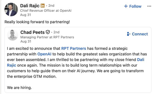 OpenAI, SpaceXAI and Cognition all claim to be building "the best GTM team in the world," yet the same sourcing company is doing the hiring for all three.

Why do the new sales leaders at these AI natives all come from the same background: Snowflake, Grafana, MongoDB, Zscaler, Rubrik, Datadog? Why do they only seem to hire reps referred from one of these companies?

It's called the playbook mafia, and it's part of the underbelly of tech sales today. The high-level story is simple. PTC was one of the moderately successful enterprise tech companies of the 1990s, and one of its sales leaders, John McMahon, popularized a qualification framework called MEDDPICC.

The team that worked directly for John went on to different parts of the industry, notably companies like MongoDB and Snowflake. They created sales cultures built on high pressure to generate new pipeline and a big focus on following a single process in their daily work. Those who played along were paid handsomely, and those who didn't were kicked out quickly.

Are these bad things? Not in isolation. We want mission-driven individuals in tech sales, and we want them to hold themselves accountable to a high standard.

The catch with playbook companies is that nobody has rethought what the "playbook" looks like since its heyday at the peak of the ZIRP era. The profile for success is changing, and a heavy focus on personal drive and quality of execution is now table stakes.

When they say "we will build the most successful GTM team in the world," the obvious question is: have you done it before?

Microsoft Azure has built exceptional account teams, closing billions of dollars with single customers, and has $124B ARR.

Anthropic reached $64B ARR while asking every employee to swear on the Claude Constitution.

Databricks reached a $7B run-rate, outplaying Snowflake, which had a massive early lead.

Yet for some reason, none of the best-performing sales reps at these companies are a "fit" for a playbook company. In fact, if you listen to a recent interview with Chris Degnan, their profile is undesirable. Sales reps who are industry experts, have technical insight and thrive at building successful long-term sales cycles (consumption contracts) are frowned upon.

The goal is to only hire people who show "grit" and want to work for YOU. And if they do well, we will push the company to PAY AS HIGH AS POSSIBLE to retain them. There is no interest in what the best strategy is for the company or its customers. It's about MY team and MY people.

So what we're seeing now is the same group of leaders, and the sales reps loyal to them, moving into AI-native companies. If you want a shot at working for those companies, you need to go back to the "training factories" like Snowflake or MongoDB first.

In the ugly situation with Factory and Cognition, the tribal lines became obvious. The shocking part wasn't just the breach of trust of advising one company and then becoming CRO of its competitor. It was that the most important thing to mention in the announcement was "I'm bringing my friend and business partner to hire all the reps at the new company."

What played out is no surprise to those who have seen firsthand how the playbook mafia behaves when things go sideways. Take a look at Lacework, and how Andy Byron (the CEO who famously got caught at a Coldplay concert cheating with his HR leader) got pushed into a leadership role at Astronomer.

Something similar is playing out at OpenAI, where the current crop of sales leaders has been cleared out, even though the company had a great last quarter and pushed past Anthropic's ARR.

If you're a sales rep at a playbook company, it's important to remember that you're just a product, to be upsold to the next employer as long as you keep your mouth shut and nod along.