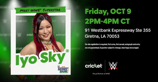 The Genius of the Sky and 2026 Queen of the Ring @Iyo_SkyWWE will meet YOU at Cricket on Friday, 10/9! See you soon 💚 