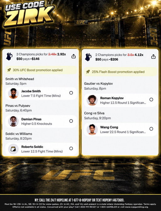 LIKE FOR LUCK
UFC 332 Picks! ONLY code ZIRK users get a free $10 Entry right now! Copy or fade: Use code ZIRK+choose between up to $1000 in bonus funds or play $5 get $100! (free $10 entry, 10 days in a row) https://t.co/qD8fizRq84 #UDPartner 