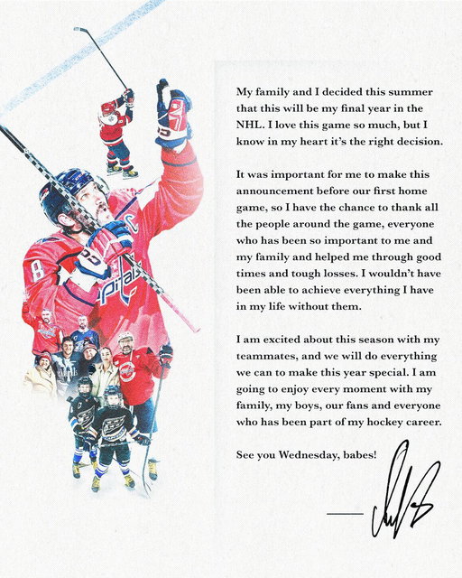 NHL's all-time leading goal scorer, Alex Ovechkin, announces that this will be his final season, via @Capitals 