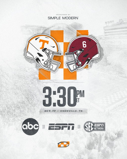 game time is set

vs Alabama
🗓️ October 17
⌚ 3:30pm ET
📺 ABC or ESPN or SEC Network
🏟️ Neyland Stadium 