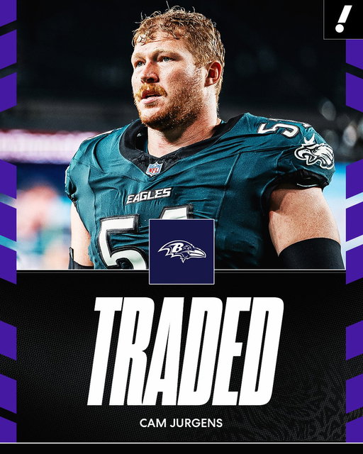 The Eagles are trading two-time Pro Bowl center Cam Jurgens to the Ravens, per @AdamSchefter

Philadelphia receives: 2027 5th-round pick and a 2028 2nd-round pick

Baltimore receives: Cam Jurgens and a 2027 7th-round pick. 