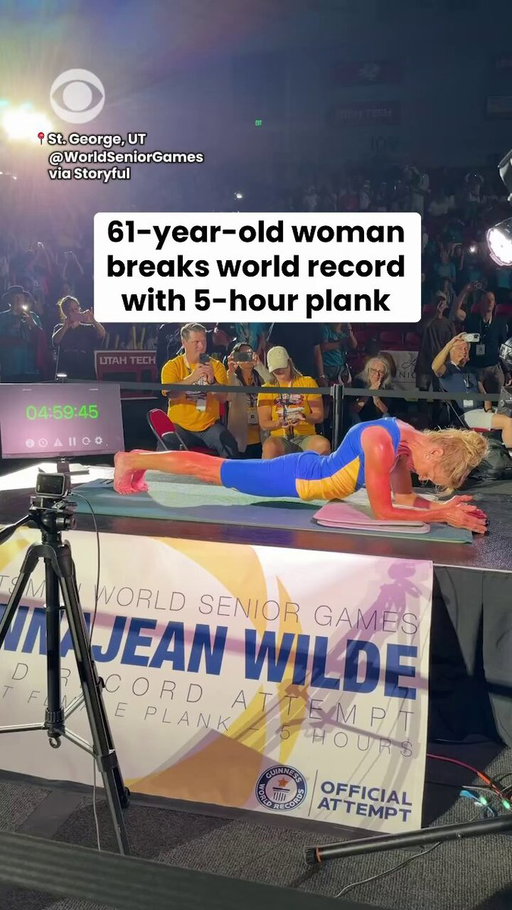 A 61-year-old Canadian woman broke her own world record after holding a plank for more than five hours at the World Senior Games in Utah.

DonnaJean Wilde surpassed her previous Guinness World Record of four hours and 30 minutes, set in 2024, becoming the record holder for the longest abdominal plank by a woman. Judges rotated through hour-long shifts as Wilde held the position.