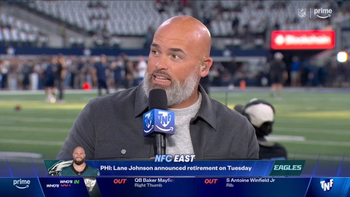 "To Lane Johnson, thank you for being you." 💙

@AndrewWhitworth shares a heartfelt message to an Eagles great who retired this week to focus on his mental health.

#TNFonPrime 