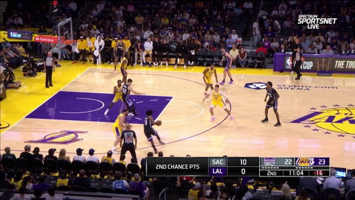 Mamu with a block on one end, and hits a triple on the other end off a Bronny James assist 