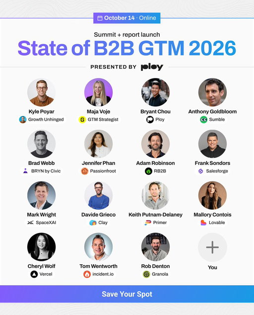 We asked 300 GTM pros what worked in 2026. On October 14, Maja &amp; I reveal the answers live along with speakers from Lovable, Clay, Vercel, SpaceXAI &amp; more.

📅 Wednesday, October 14th from 11am-1pm ET

📍 Online and free. Register here: https://stateofb2bgtm.com/

See you there? 