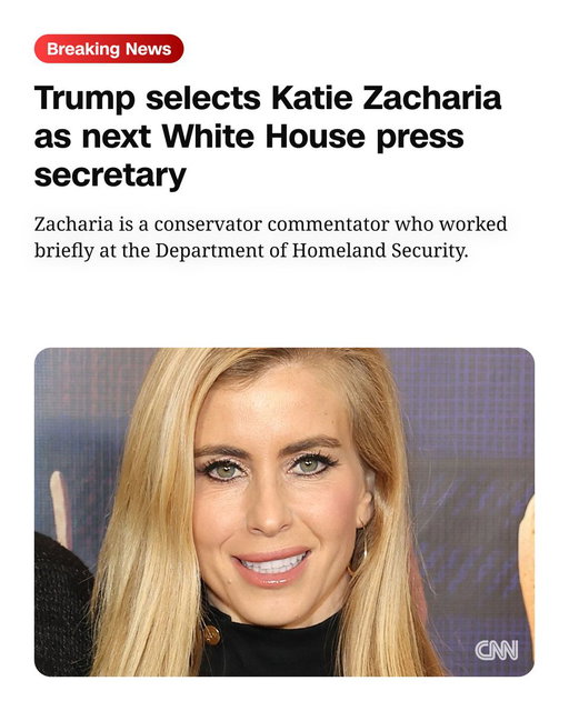 President Trump has selected Katie Zacharia as his new press secretary, sources say https://t.co/2m0WAY8SKA 