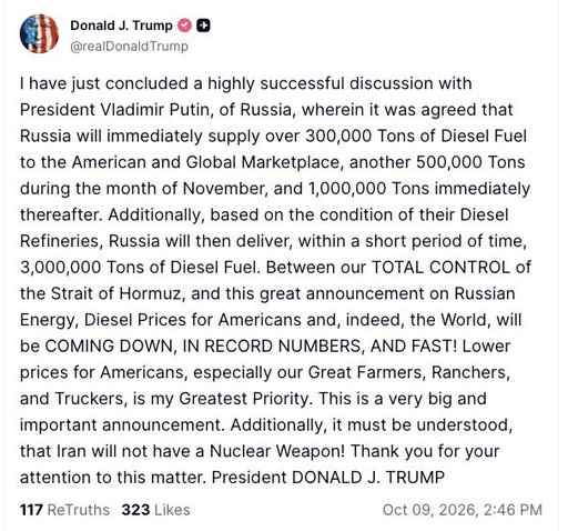 Russia will supply Diesel fuel to America: 