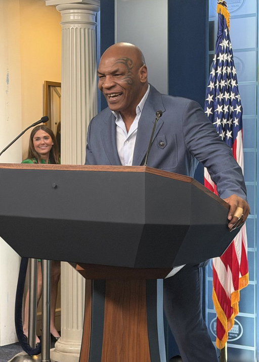 JUST IN: Mike Tyson makes surprise appearance at the White House press briefing podium before traveling with President Trump to a campaign rally in New York. 