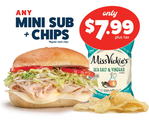 🚨 MIKE'S MINI BUNDLE JUST DROPPED FOR A LIMITED TIME 🚨 get any mini sub + chips for just $7.99!!! 